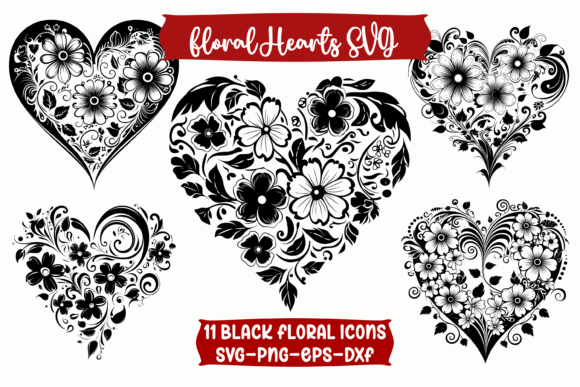 Black Floral Hearts SVG Icons Bundle
