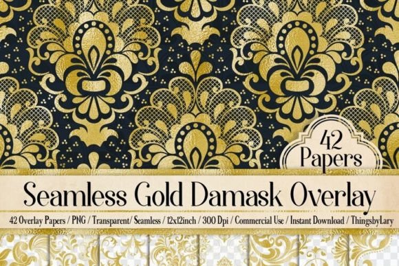 Gold Foil Seamless Damask PNG Overlay