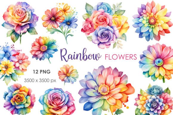 Rainbow Watercolor Flowers PNG Clipart: A Vibrant Tool for Modern Creativity